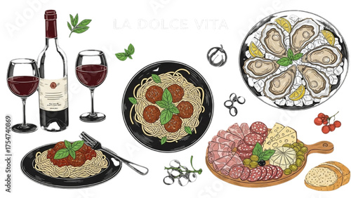 A delicious illustrated collection of classic Italian cuisine with pasta, red wine, and antipasto platters