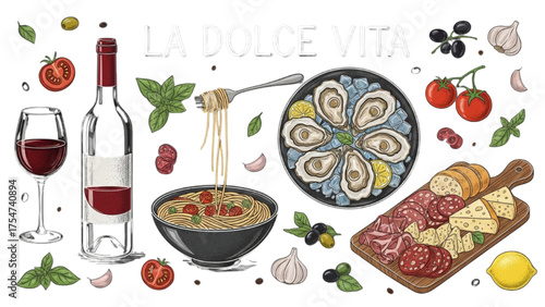 Italian Culinary Delights A Visual Feast Featuring Wine, Pasta, Oysters, and More