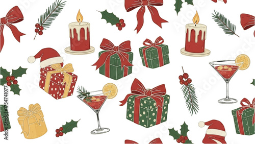 Festive Holiday Seamless Pattern with Christmas Gifts, Candles, and Seasonal Drinks for Celebration Backgrounds