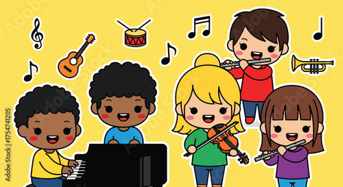 Children playing musical instruments together in a cheerful classroom, learning music and having fun in a colorful and educational environment.