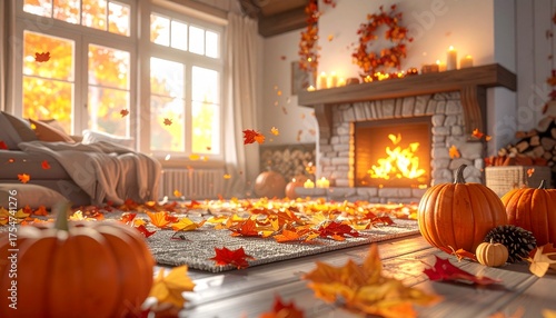 leaves swirling around cozy cabin, warm fireplace 