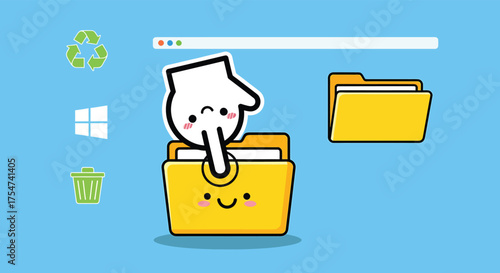 Cute hand selecting yellow folder on blue desktop with operating system symbols, representing file management in a cheerful style.