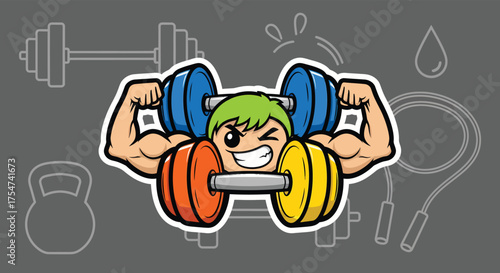Cartoon character lifting colorful dumbbells in gym with determination and energy, showcasing fitness and strength.