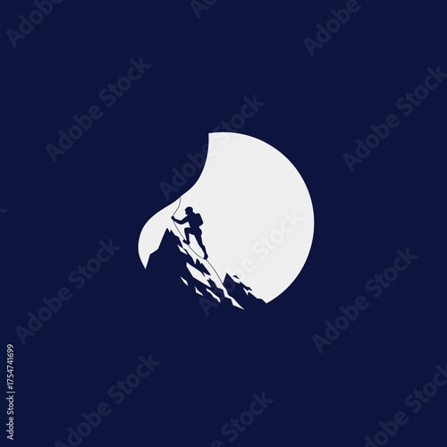 Minimalist Silhouette Illustration of Mountain Climber Ascending Peak, Outdoor Adventure, Challenge, and Success Concept