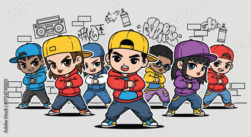 Group of diverse cartoon children dancing in urban setting with graffiti art, showcasing youthful energy and street style in a playful manner.
