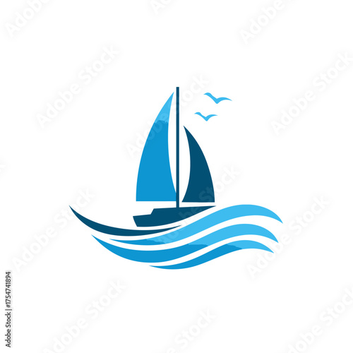 Stylized Blue Sailboat on Wavy Ocean with Flying Seagulls Vector Illustration, Nautical Marine Adventure Graphic
