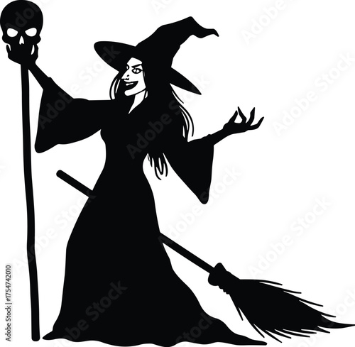 Witch silhouette with broomstick and skull staff, magical fantasy character, Halloween artwork, pointed hat figure, mystical illustration, spooky folklore design