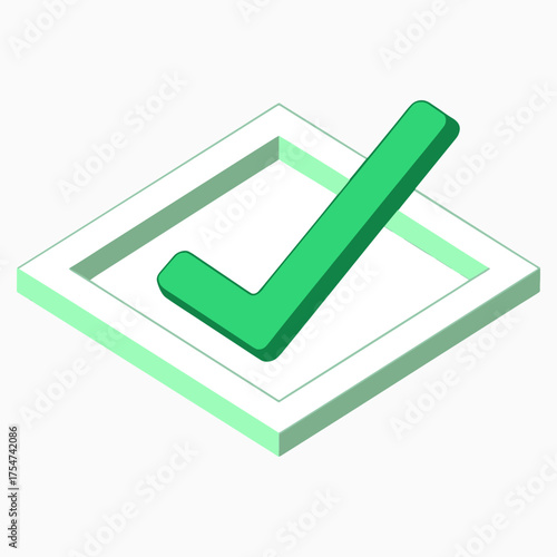 Green check mark inside a square box isometric view