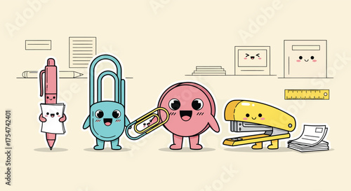 Cute stationery characters holding hands and smiling in a cheerful office scene, promoting a playful and collaborative work environment with a touch of kawaii charm.