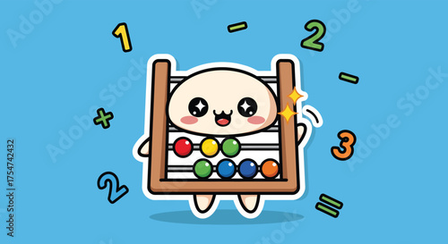 Cute abacus character smiling and teaching math to children in a playful classroom setting, promoting early education and mathematical skills.