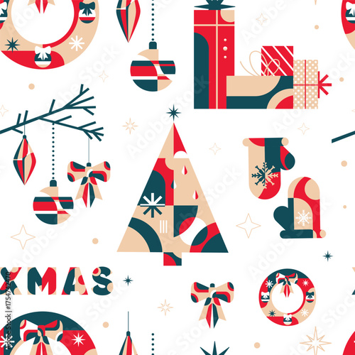 Modern Geometric Christmas Pattern. Seamless geometric Christmas pattern with tree, gifts, bows, and mittens in flat style for web design, holiday cards, packaging, textiles, digital projects. Vector