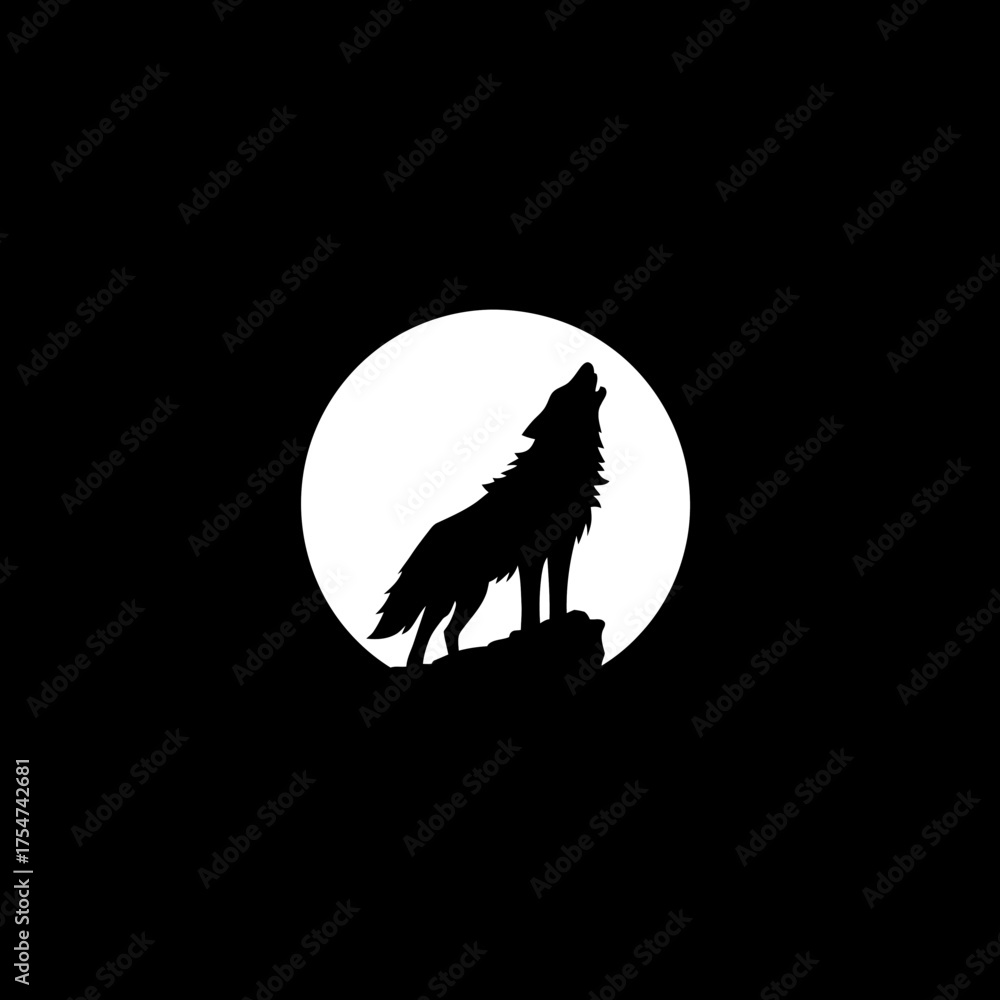 Obraz premium Striking silhouette of a lone wolf howling at a full moon, a powerful symbol of wilderness, freedom, and the wild animal spirit.