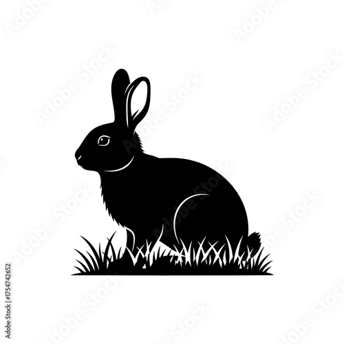 Black rabbit silhouette sitting in grass isolated on transparent background