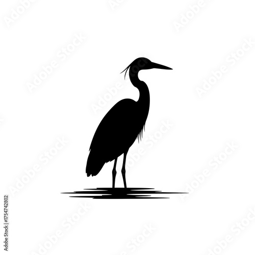 Black silhouette of a heron standing in water isolated on transparent background silhouette