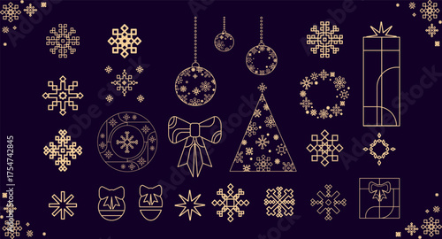 Merry Christmas and Happy New Year Gold Line Christmas Icons on Dark Background set. Elegant line Christmas icons and ornaments for web,prints, winter design, greeting cards,packaging,branding. Vector