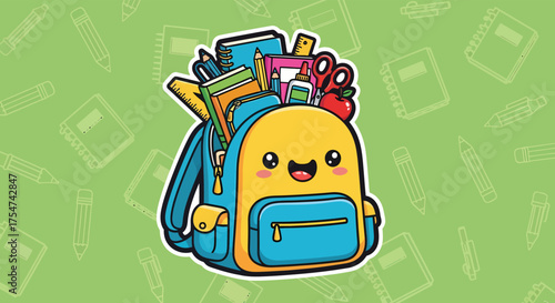 Cute backpack smiling cheerfully while overflowing with school supplies against a bright green backdrop, creating a playful and inviting backtoschool theme.