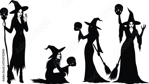 Witch silhouettes holding skulls and broomstick, spooky Halloween artwork, mystical fantasy characters, pointed hat witches, eerie folklore design, magical illustration theme