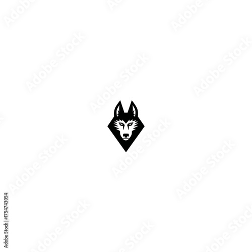 Striking minimalist wolf head logo in a geometric diamond shape, black and white wild animal symbol illustration, powerful predator graphic.