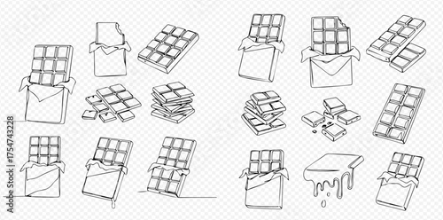 Continuous line art drawings of chocolate bars in various forms, including whole, broken, unwrapped, and melting pieces on a transparent background.