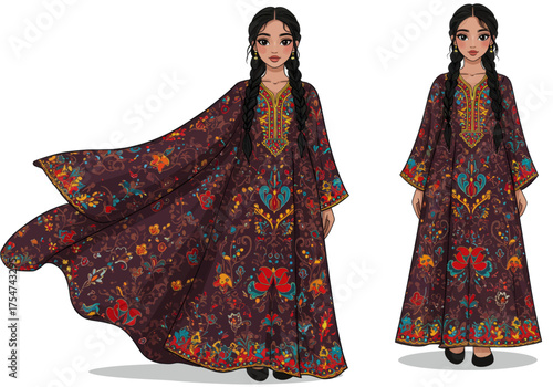 Beautiful Woman in Traditional Embroidered Dress with Flowing Fabric and Detailed Patterns