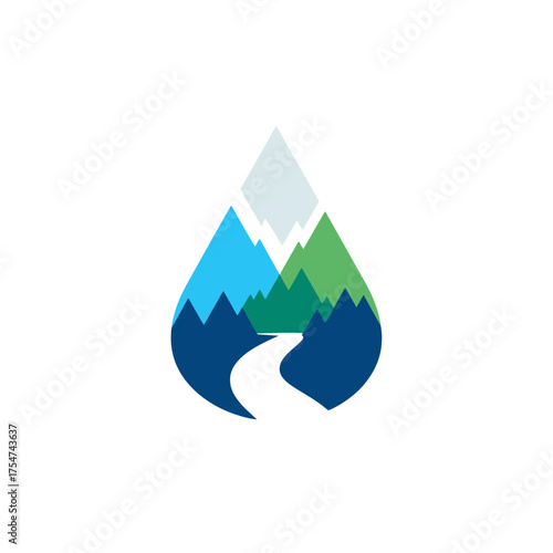 Stylized nature landscape in a water drop icon: mountains, forest, winding path. Symbolizing ecology, environment, and conservation.
