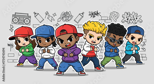 Diverse group of cartoon kids dancing in urban setting with graffiti art, showcasing youthful energy and street style.
