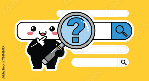 Cute cartoon character contemplates search query with magnifying glass on yellow backdrop, conveying curiosity and problemsolving in a playful manner.