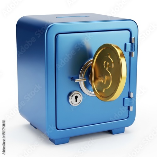 Secure blue safe with golden coin entering slot, symbolizing financial safety and wealth.