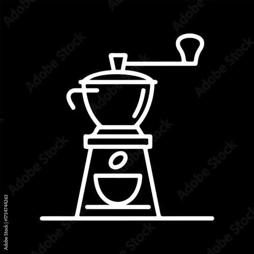 White outline of a moka pot coffee maker icon. Stovetop espresso maker on black background