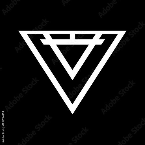 Abstract geometric inverted triangle symbol on black background, minimalist vector design element, modern graphic icon.