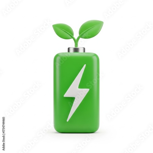 Green energy battery with growing leaves symbolizes sustainable power and environmental renewal.