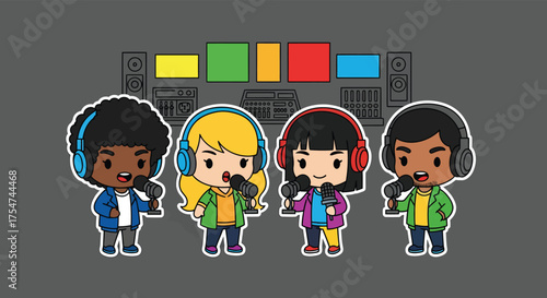 Four cartoon characters singing into microphones in a recording studio with sound equipment, creating a fun and energetic atmosphere.