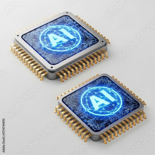 Futuristic AI microchips glowing with digital intelligence on a clean background