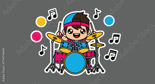 Happy young boy playing drums with enthusiasm in a music studio, surrounded by colorful notes and a joyful atmosphere.