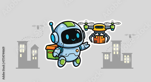Friendly robot delivers package with drone over city skyline, showcasing modern delivery service and technological advancement with a cheerful vibe.