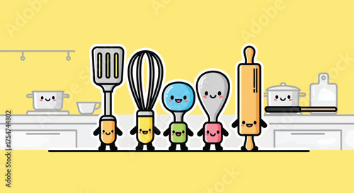 Cute kitchen utensils standing on counter in bright yellow kitchen, smiling and ready to cook delicious meals with cheerful mood.