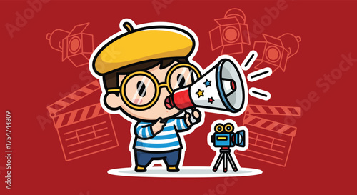 Cartoon filmmaker shouts through megaphone on red stage with camera and clapperboards, promoting film production with enthusiasm.