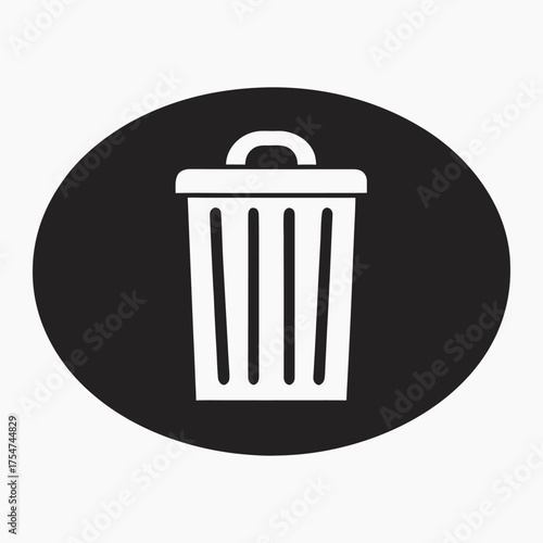 White trash can icon on black oval background