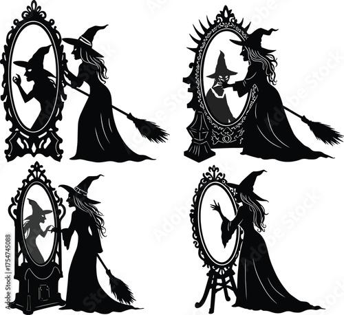 Witch silhouettes with ornate mirrors and reflections, spooky Halloween artwork, mystical fantasy characters, magical folklore design, eerie supernatural illustration theme