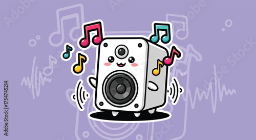 Cute cartoon speaker dances joyfully amidst musical notes on a purple backdrop, radiating a playful and energetic vibe.
