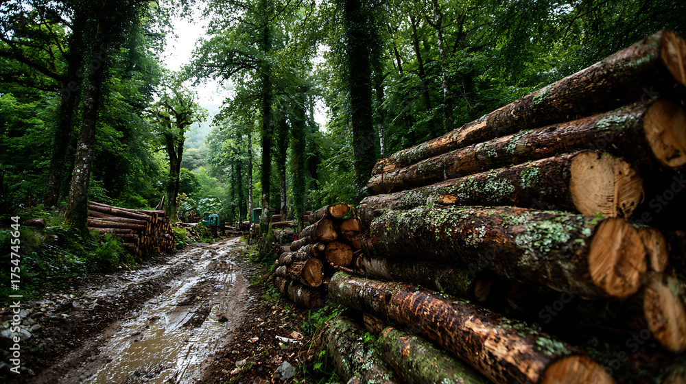 Fototapeta premium Stacked logs by a muddy dirt path in a forest setting 49253656 1