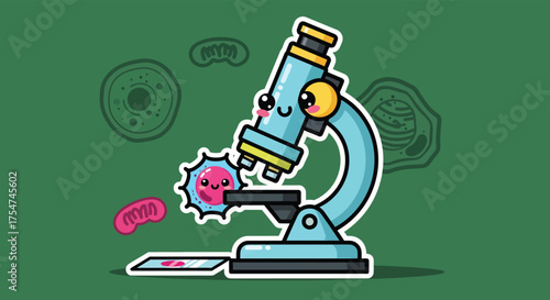 Cute microscope examines a pink microbe in a laboratory, showcasing scientific exploration with a playful and educational theme.