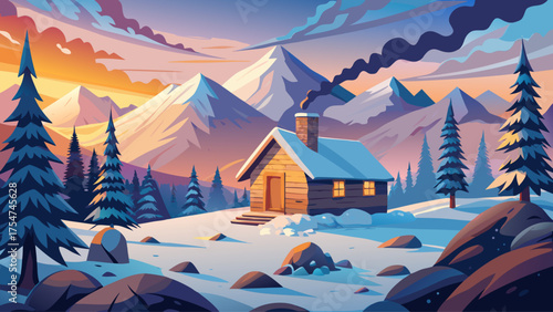 Stone cabin on snowy mountain slope, smoke rising from chimney, pine forest below, sunrise lighting snow peaks, sense of warmth and solitude in winter
