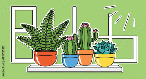 Potted plants sit on windowsill, bathed in sunlight, creating a peaceful and cozy indoor garden scene, bringing nature indoors with a touch of serenity.