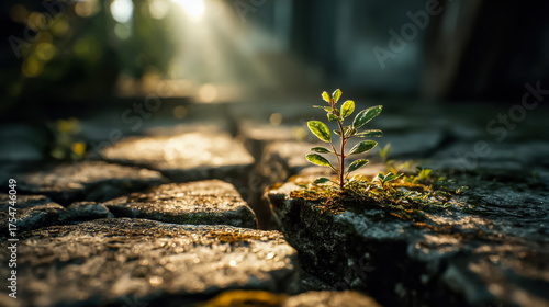 Small green sprout growing through cracked stone under warm sunlight