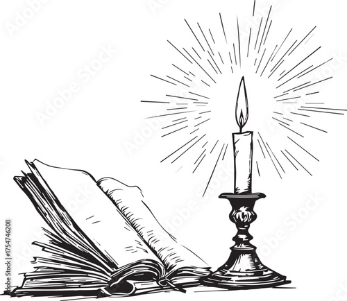Vintage candle and open book vector illustration symbolizing study, knowledge, and contemplation