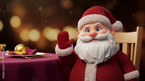 Animated Santa Claus waving cheerfully at festive table setting  