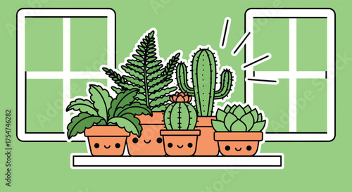 Cute potted plants sit on windowsill, bringing nature indoors with cheerful faces and vibrant greenery in a cozy, inviting atmosphere.