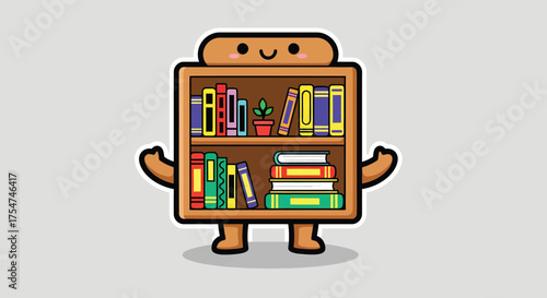 Cute bookshelf character standing cheerfully in a room filled with colorful books and a small potted plant, radiating a playful and inviting atmosphere.