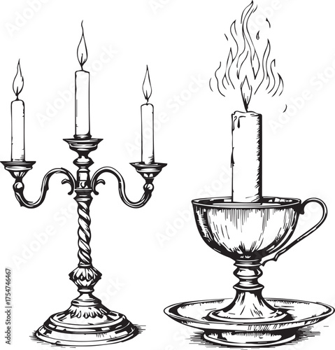 Black and white vector illustration of ornate candelabrum and teacup-style candle holder with lit flames